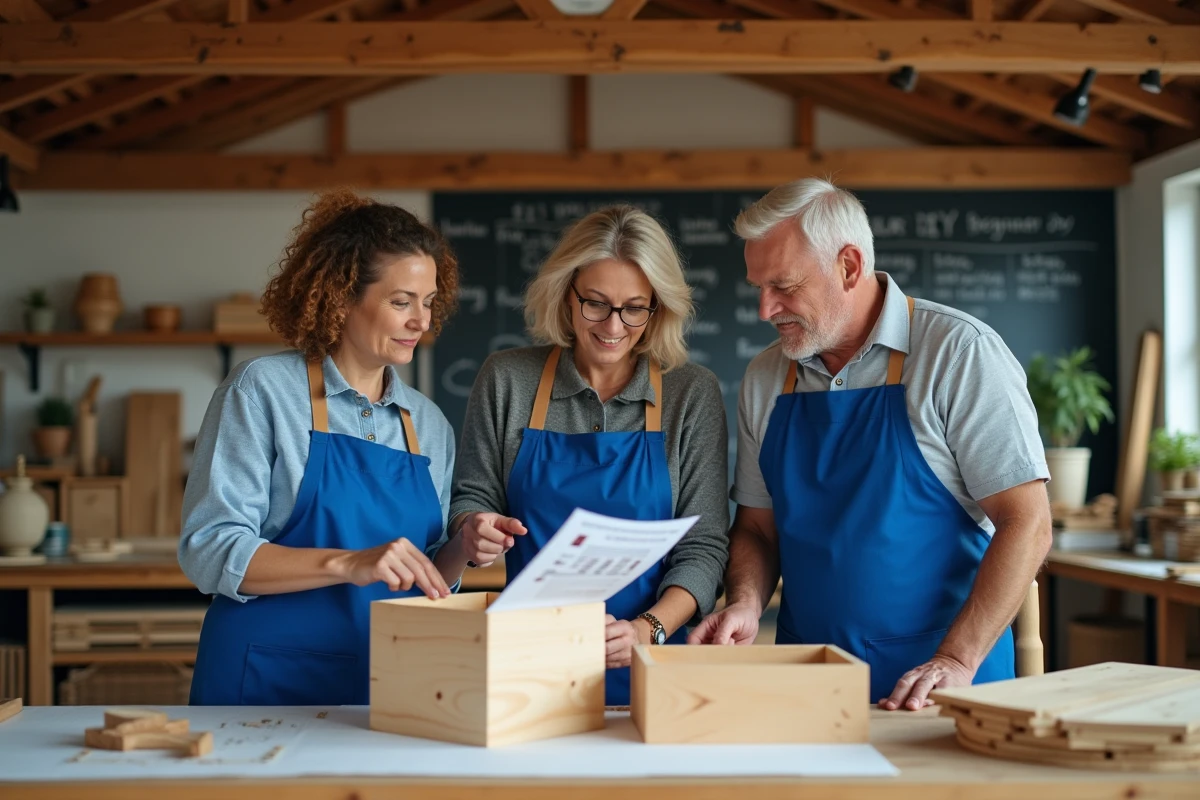 Groupe d'adultes débutants en atelier bricolage étudiant des instructions d'assemblage ensemble