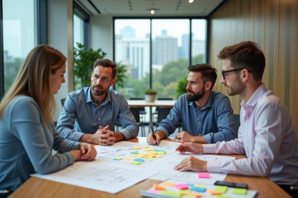 Groupe diversifié en réunion autour de plans architecturaux