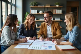 Groupe de quatre adultes en r&eacute;union de travail dans un bureau moderne