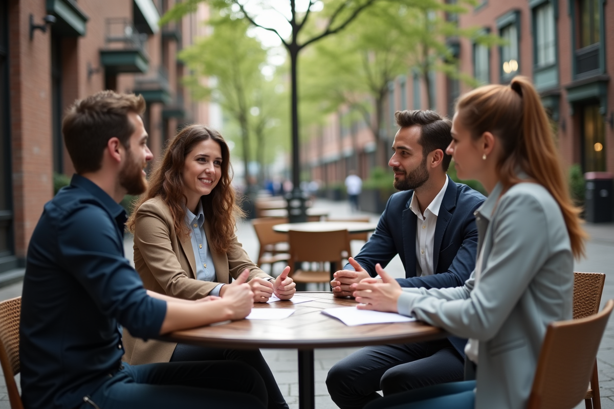 Groupe de jeunes adultes discutant dans un café en plein air