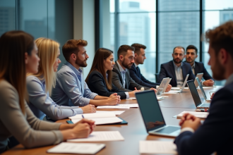Groupe d'adultes en formation en discussion active