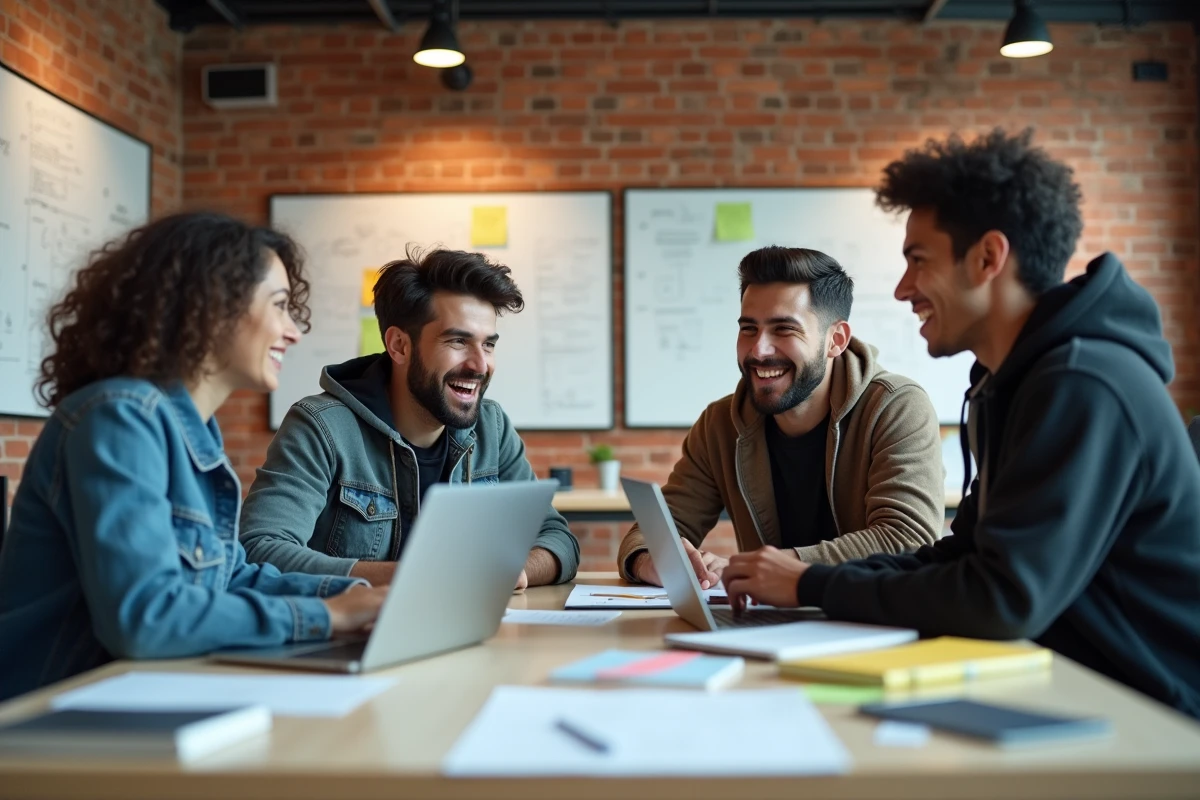 Groupe d'étudiants en master informatique collaborant sur un projet dans un laboratoire universitaire d'innovation numérique