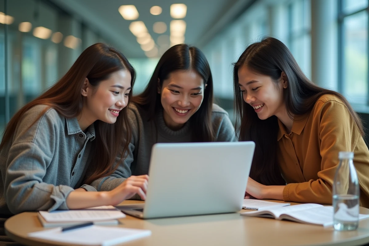 Groupe d'étudiants travaillant ensemble sur une plateforme numérique de gestion des devoirs dans une salle d'étude universitaire