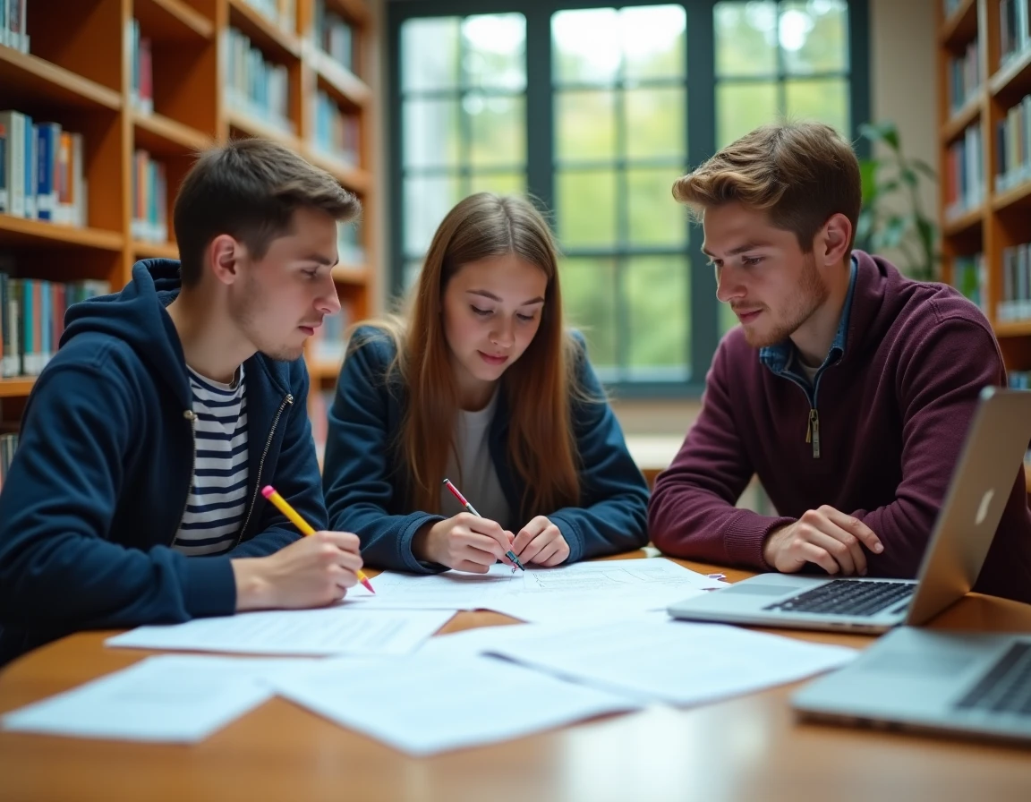 Groupe d'étudiants STMG travaillant ensemble sur une étude d'organisation avec un tableau de caractérisation en bibliothèque