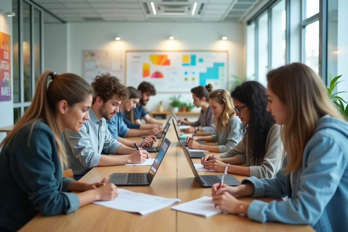 Groupe de jeunes adultes en discussion dans une salle moderne