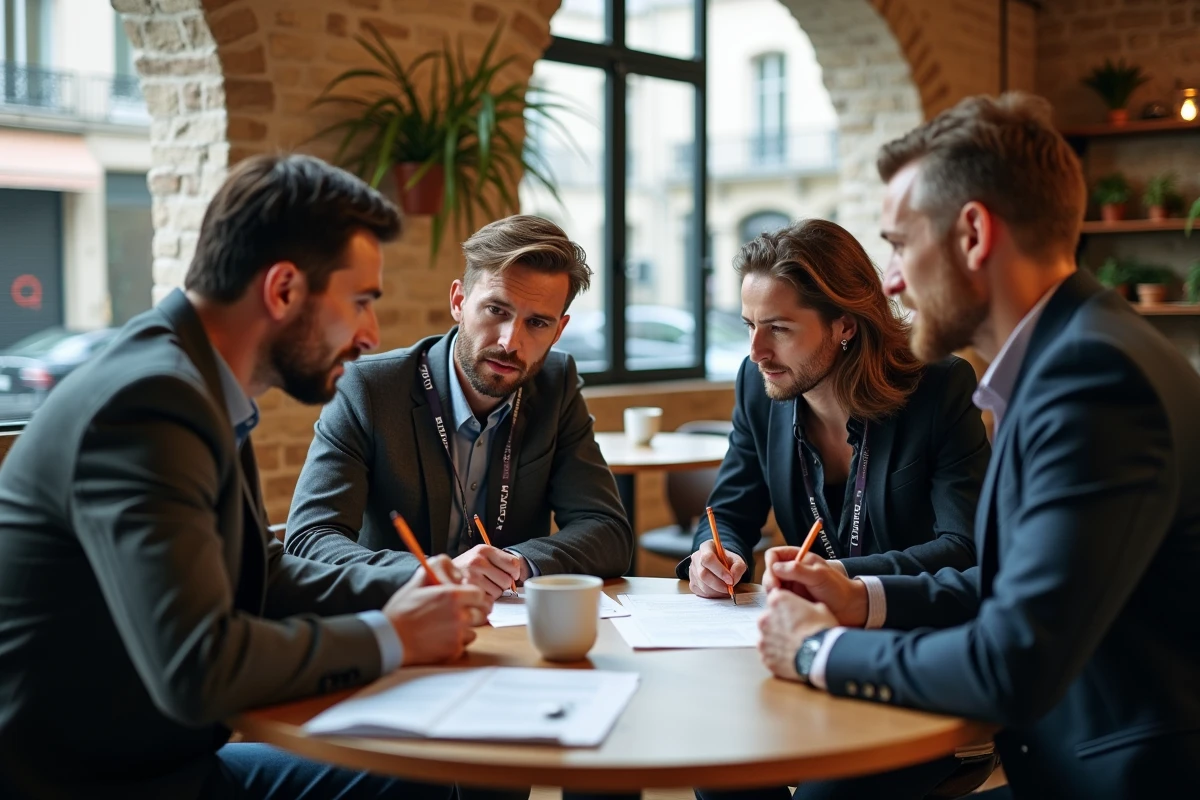 Groupe de professionnels élaborant un plan d'action concret après une conférence sur la formation digitale à Paris