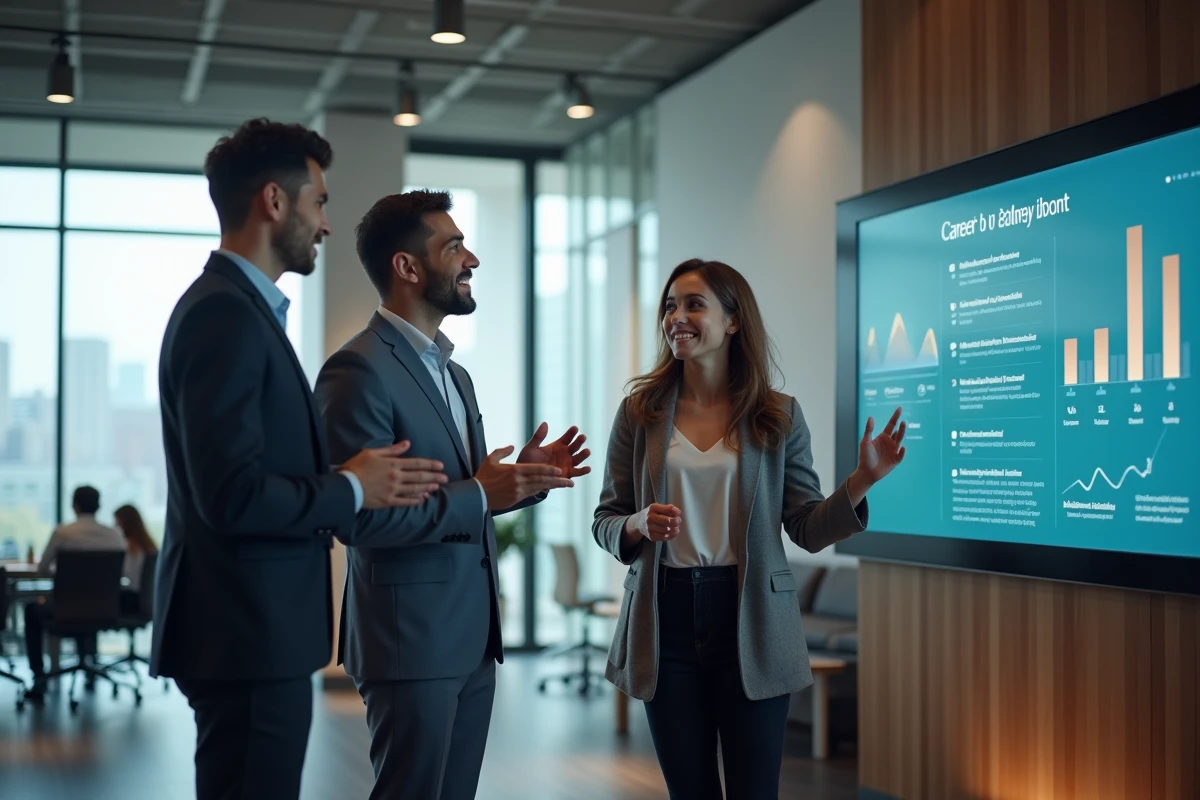 Trois professionnels discutant devant un &eacute;cran dans un espace moderne