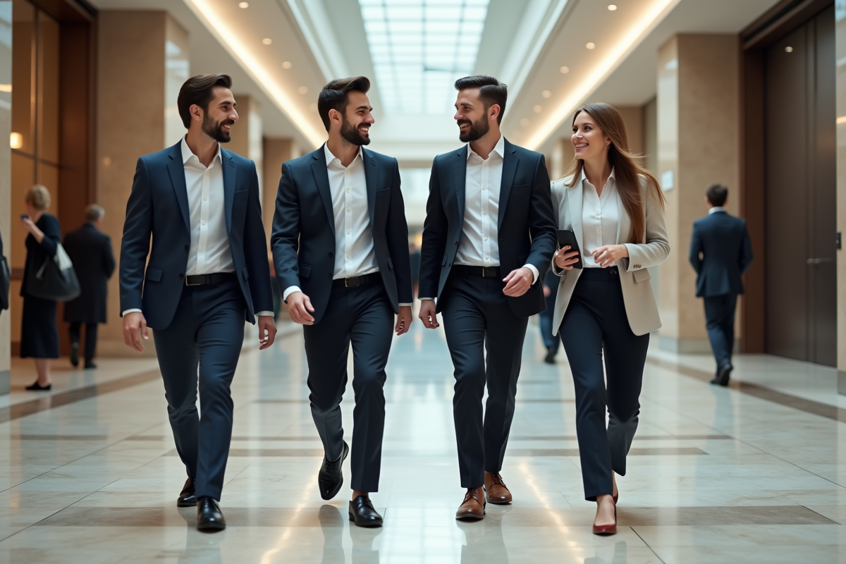Groupe de professionnels dans un lobby dynamique