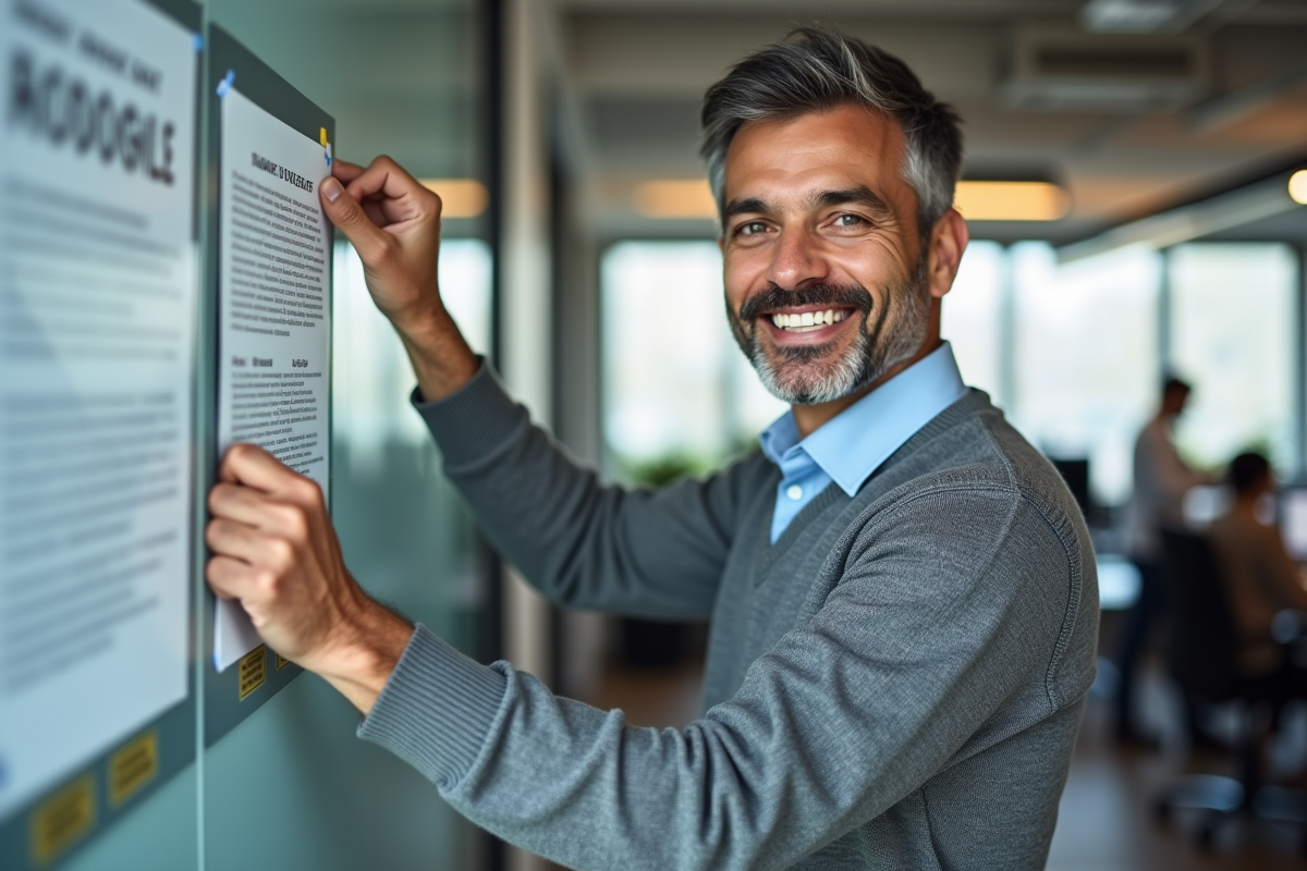 Homme d age moyen affichant une annonce de formation au tableau