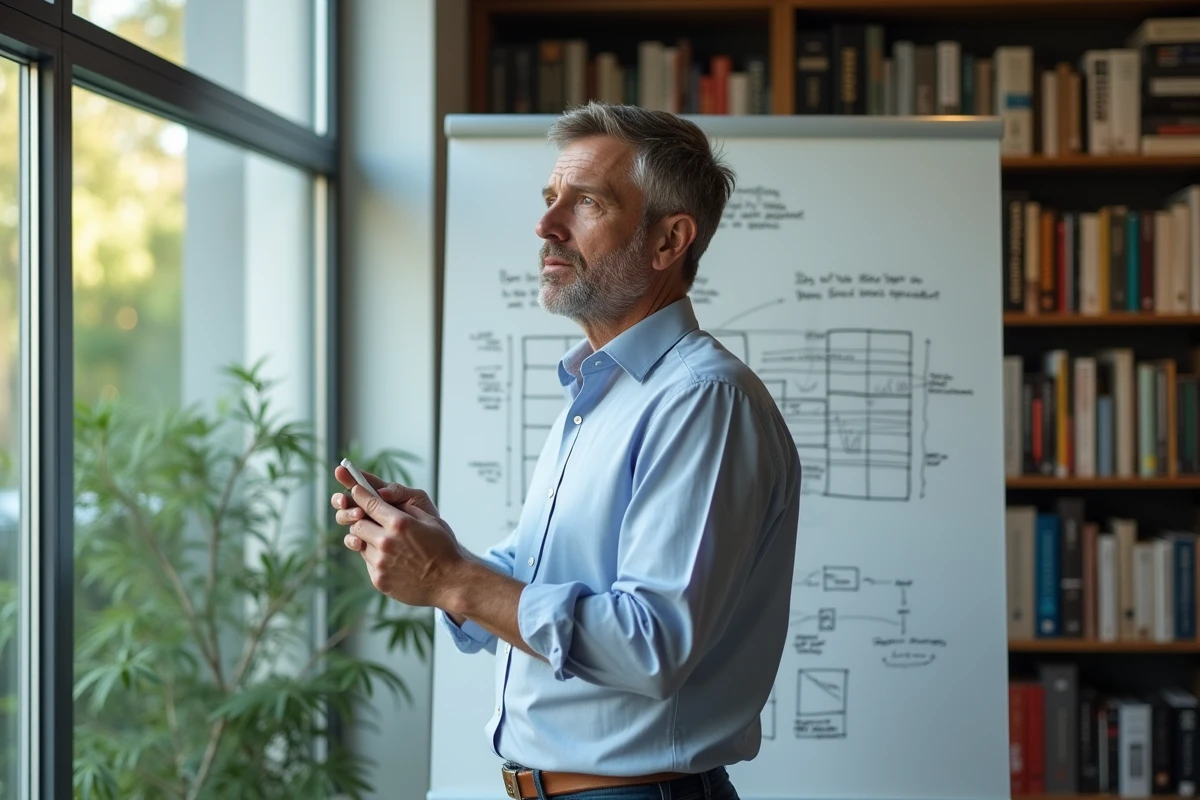 Homme en réflexion analysant un diagramme sur un whiteboard