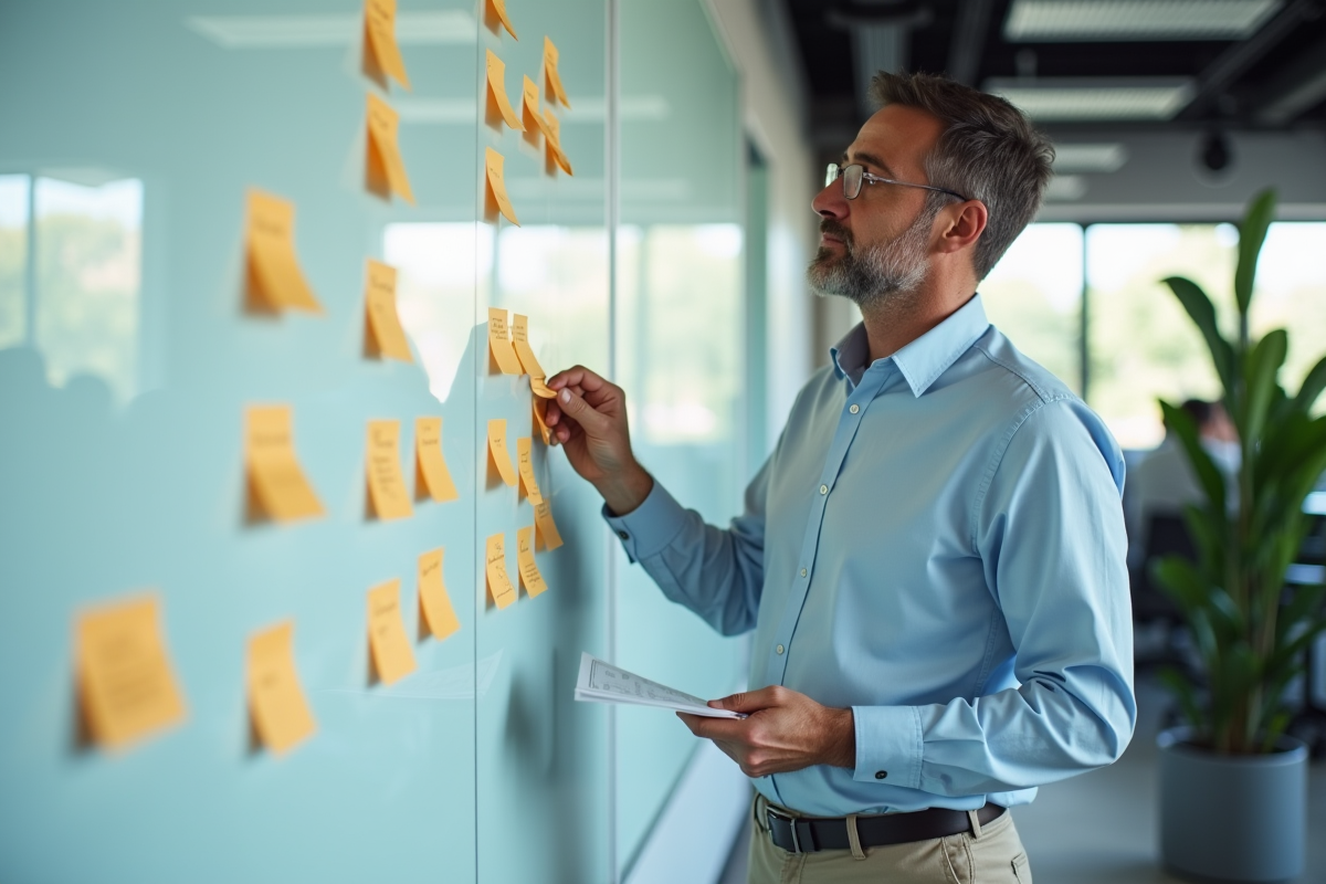 Homme en réunion avec tableau blanc et notes