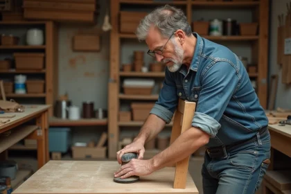 Homme d'&acirc;ge moyen pon&ccedil;ant une chaise en bois dans un atelier chaleureux