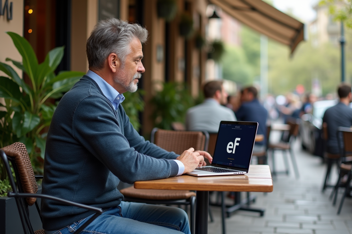 Homme détendu travaillant sur son ordinateur en terrasse