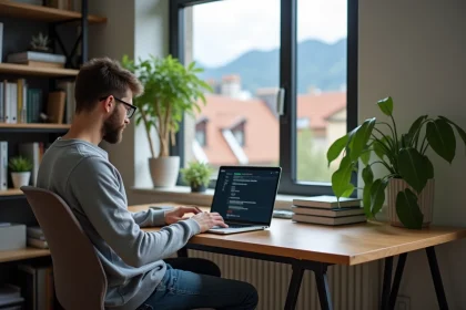 Jeune homme configure VPN dans son bureau &agrave; Grenoble