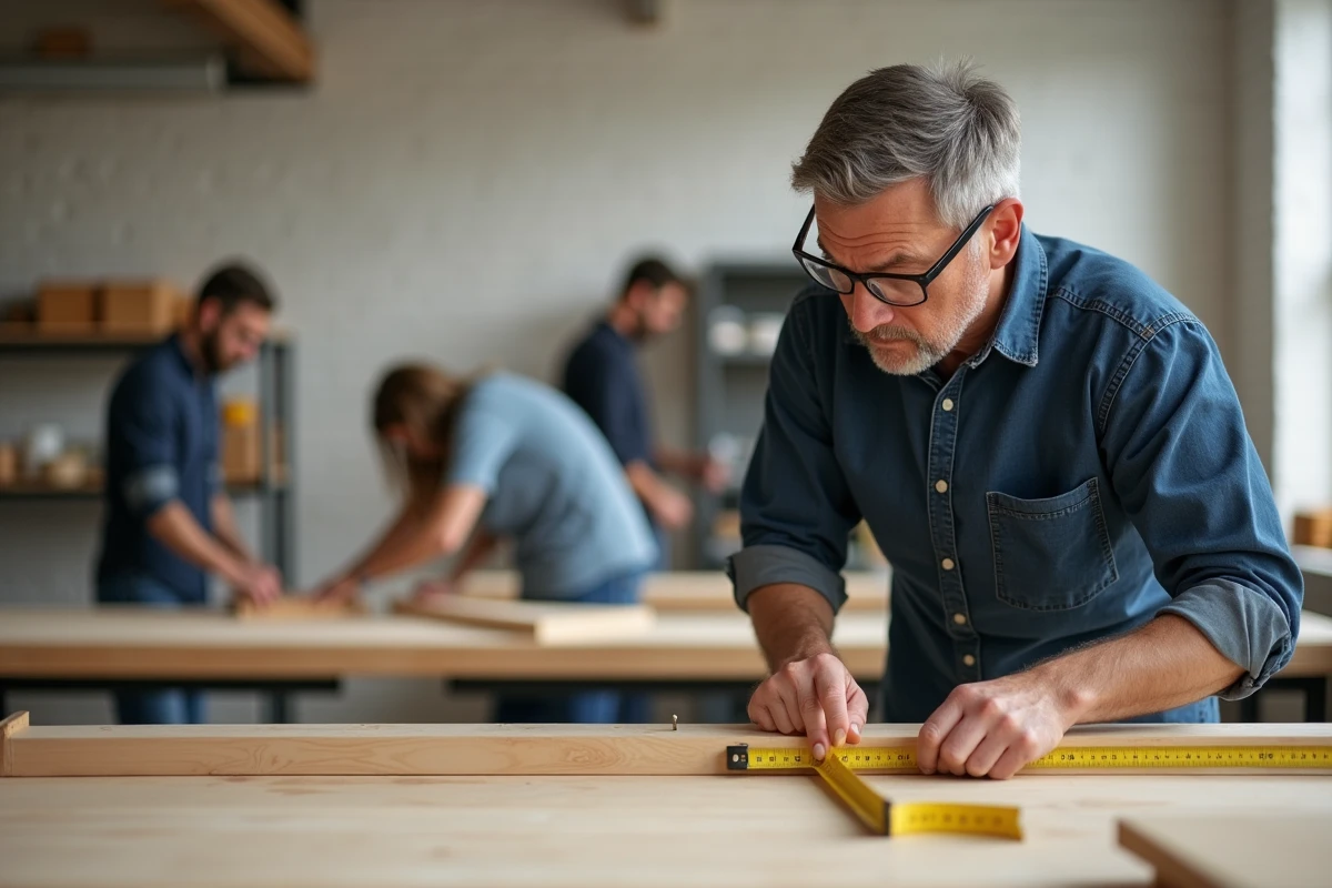 Homme adulte débutant mesurant une planche en bois lors d'un cours de bricolage pour adultes anxieux