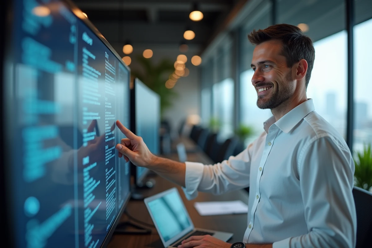 Homme expliquant une checklist numérique dans un bureau moderne