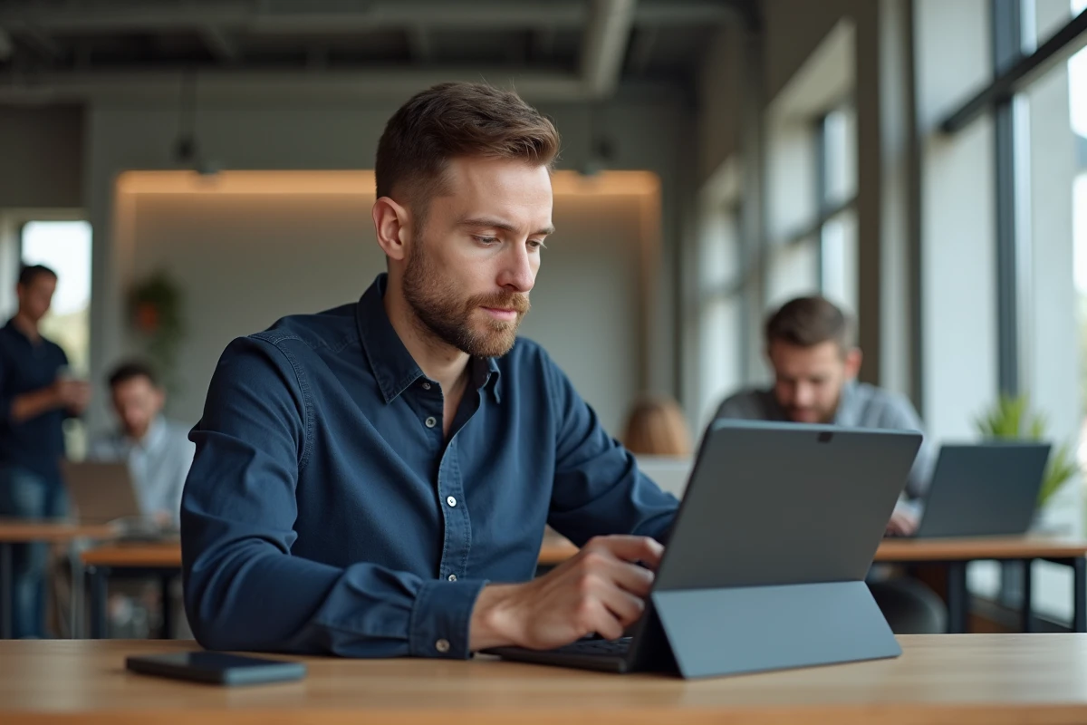 Homme en formation à distance comparant des applications d'apprentissage sur tablette et ordinateur dans un espace de coworking