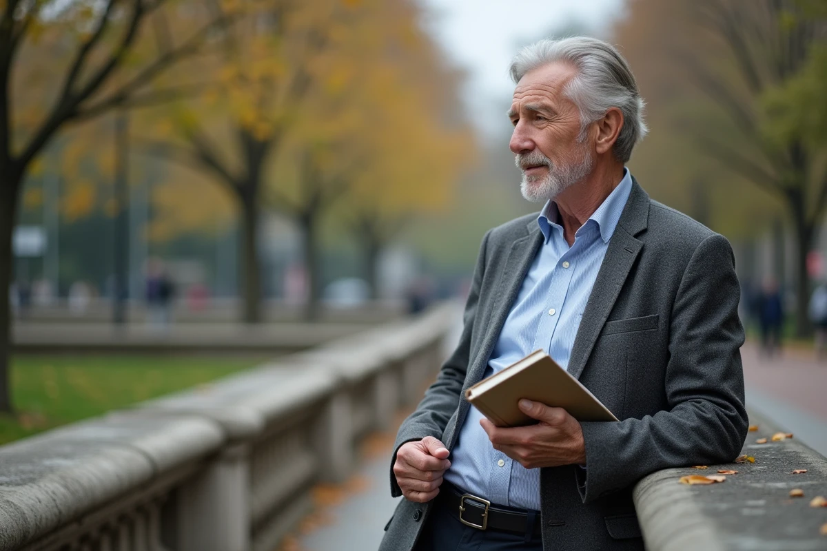 Homme mature m&eacute;ditant dans un parc urbain serein