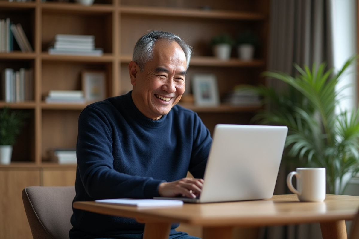 Homme souriant utilisant un ordinateur à la maison