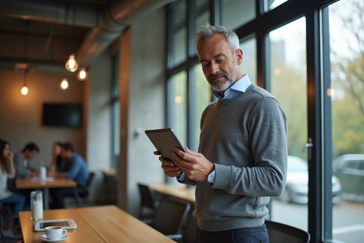 Professionnel masculin consultant sa messagerie pro sécurisée sur tablette dans un espace de coworking moderne