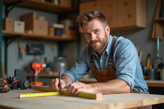 Homme d'âge moyen mesurant une planche en bois dans un atelier