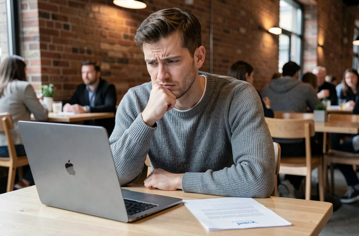Jeune homme frustré relisant une lettre de recommandation copiée en ligne sur son ordinateur portable dans un café