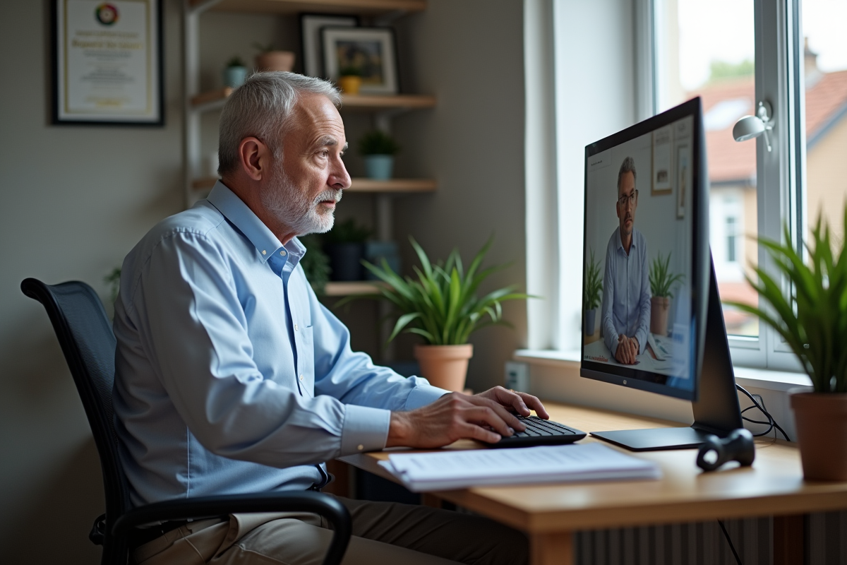 Homme en visioconference dans un bureau à domicile bien organisé