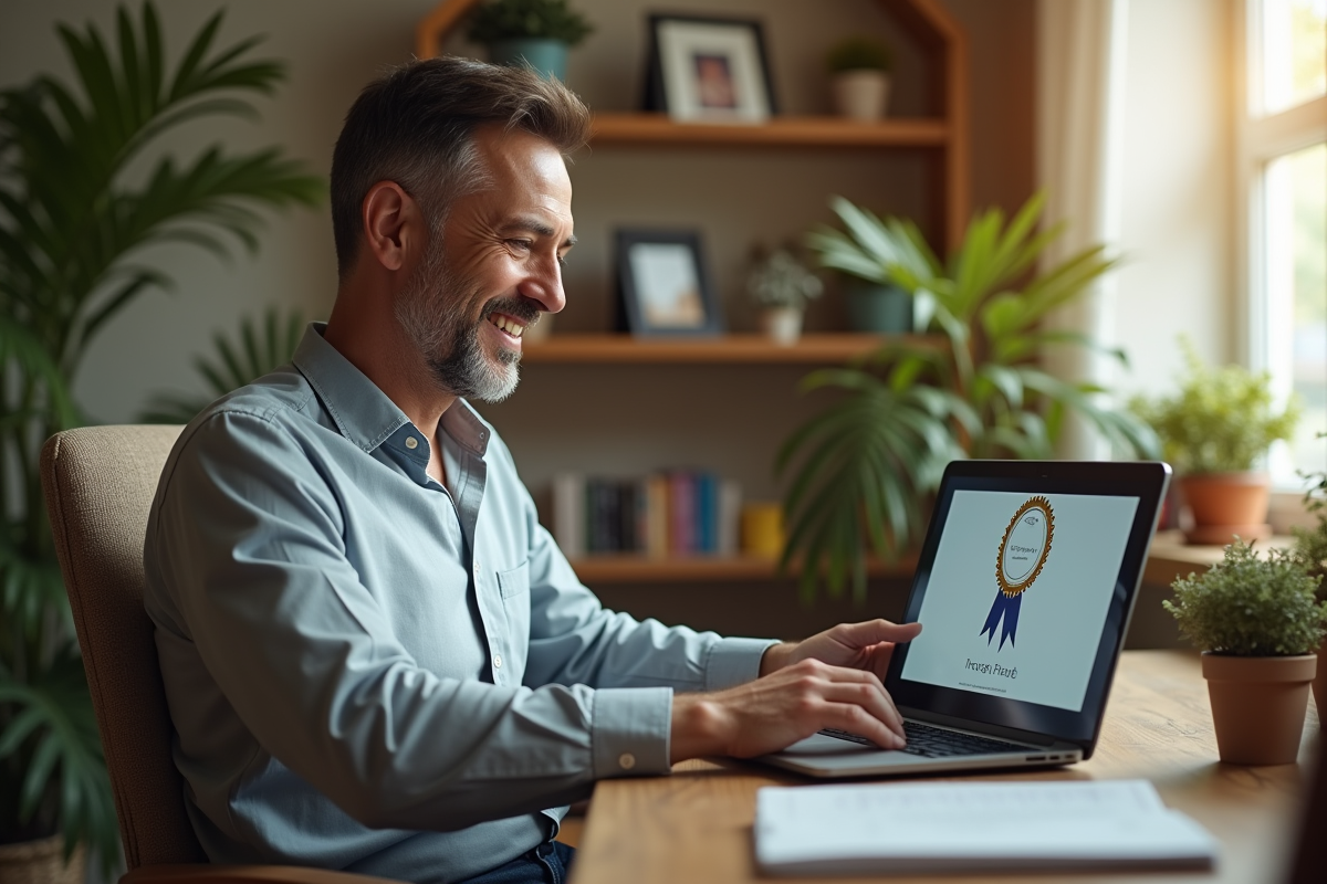Homme regardant un badge de certification sur son ordinateur portable