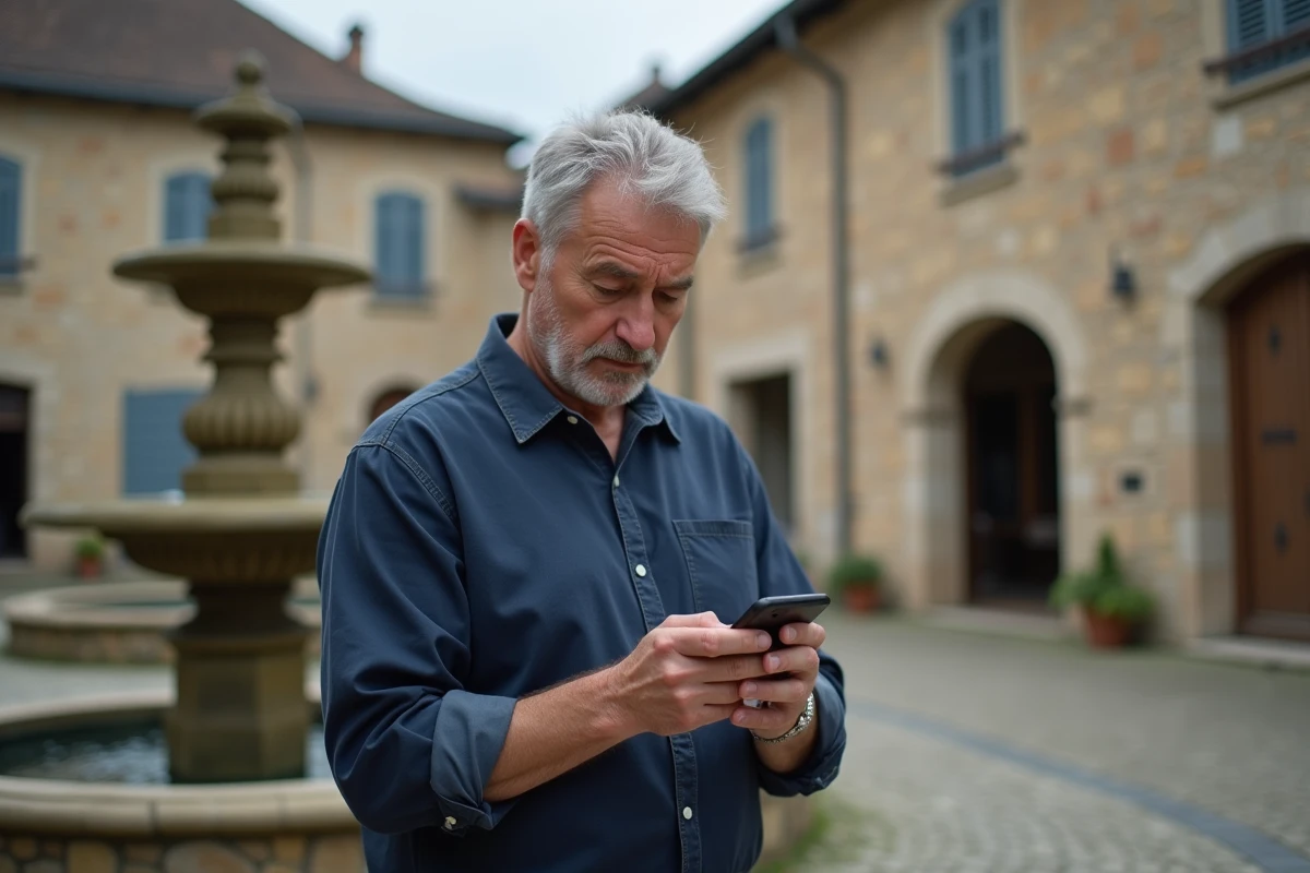 Homme utilisant son téléphone dans un village traditionnel d'Auvergne avec bâtiments en pierre volcanique