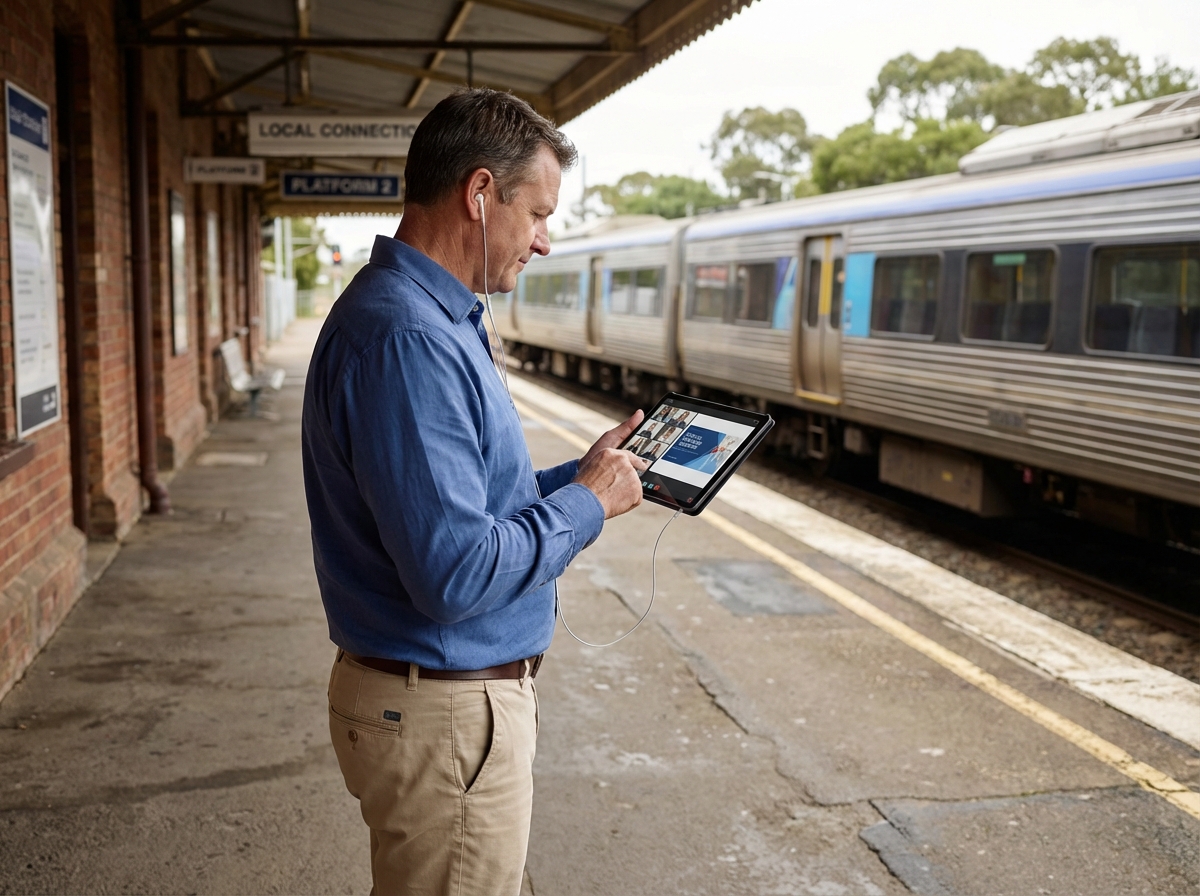 Homme en train de suivre une formation sur tablette dans le train