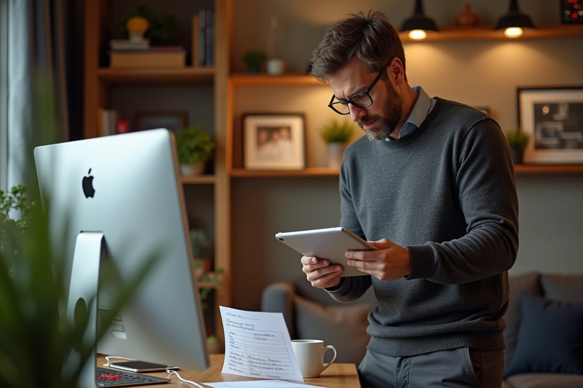 Homme connecté à son ordinateur avec sa tablette dans un espace cosy