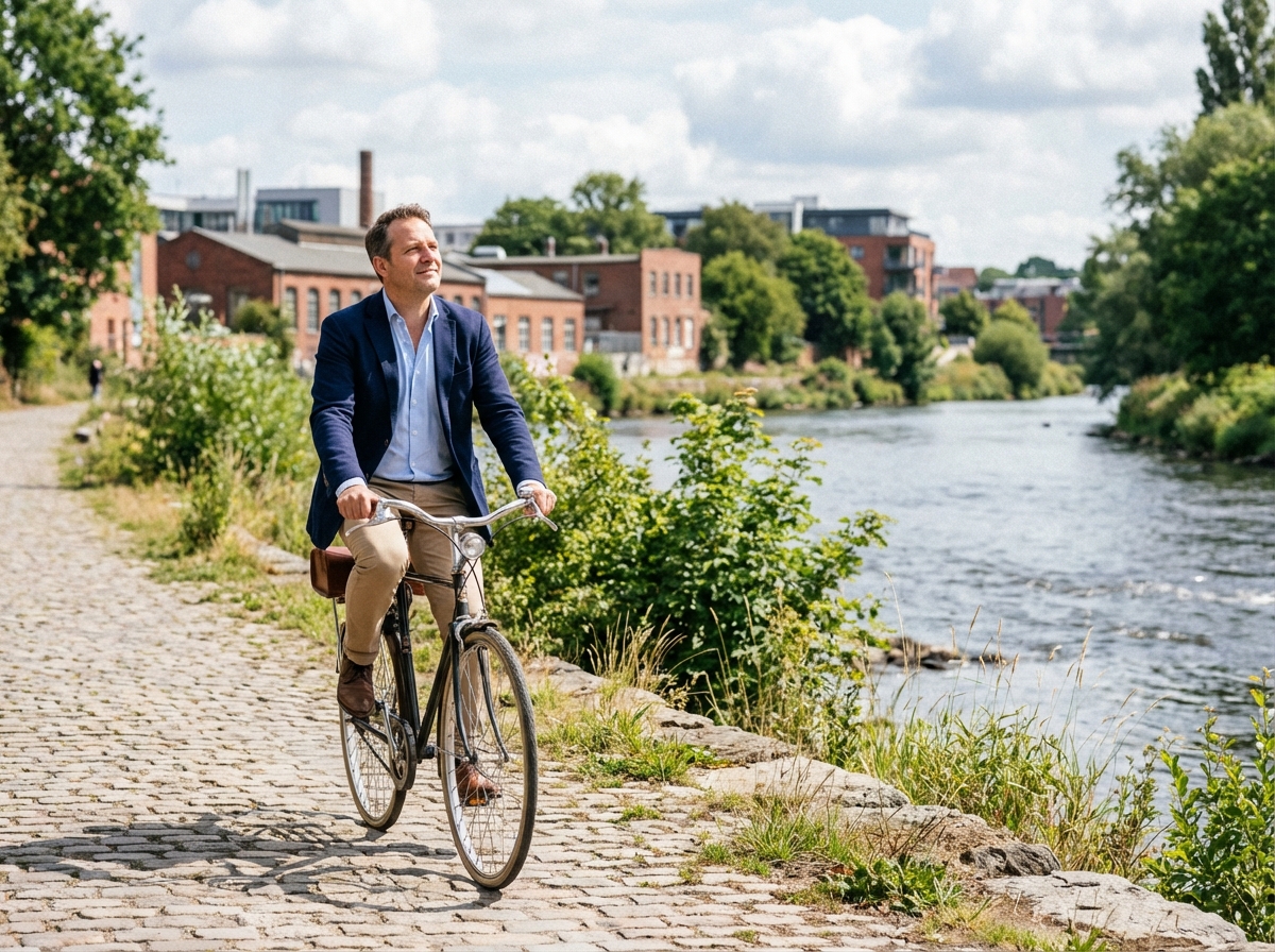 Homme en v&eacute;lo le long de la rivi&egrave;re &agrave; Cholet