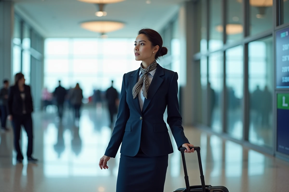 Hôtesse de l'air en uniforme dans un terminal d'aéroport avec une valise à roulettes