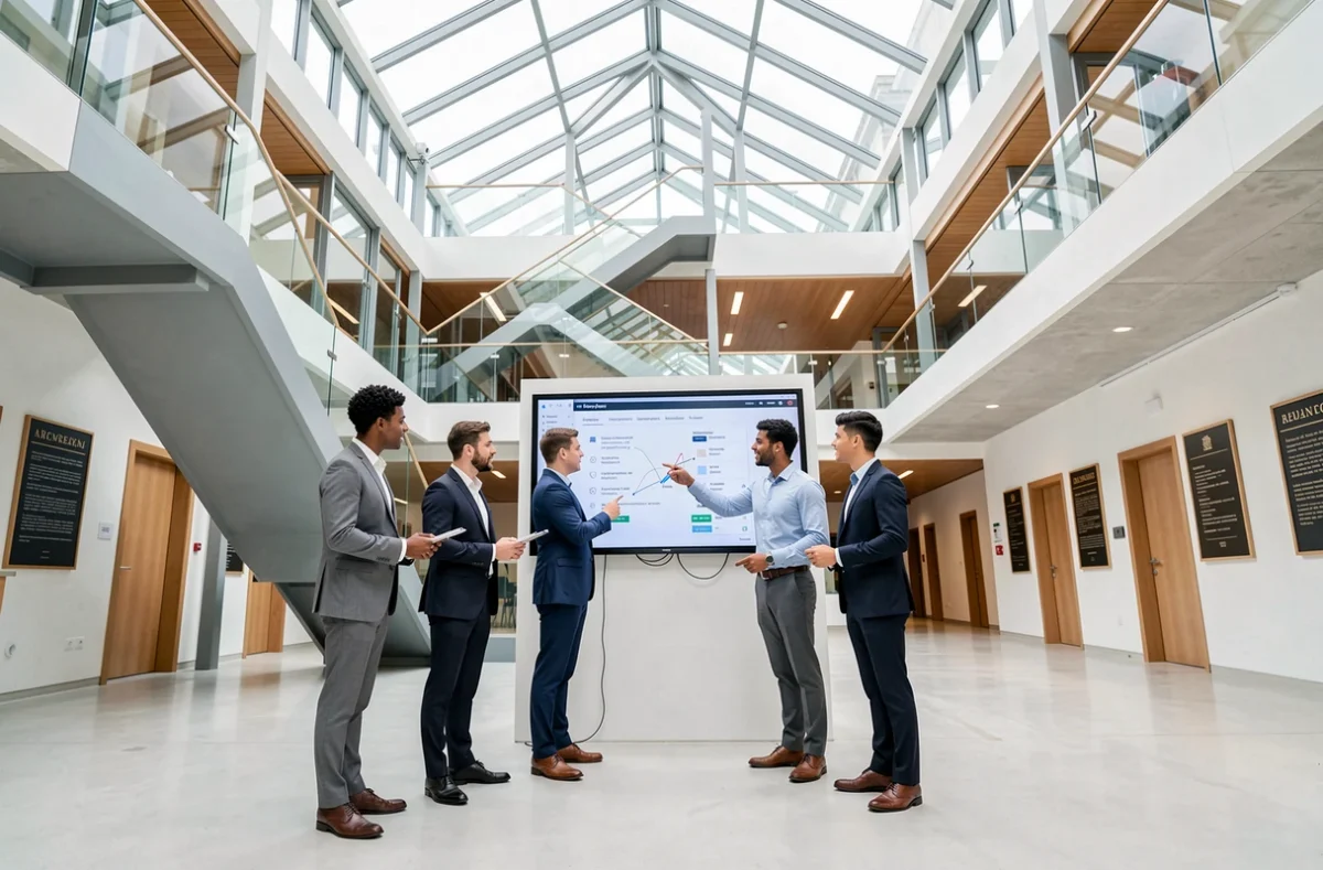 Groupe d'étudiants analysant une présentation stratégique dans le hall moderne de l'IAE Toulouse - Toulouse School of Management
