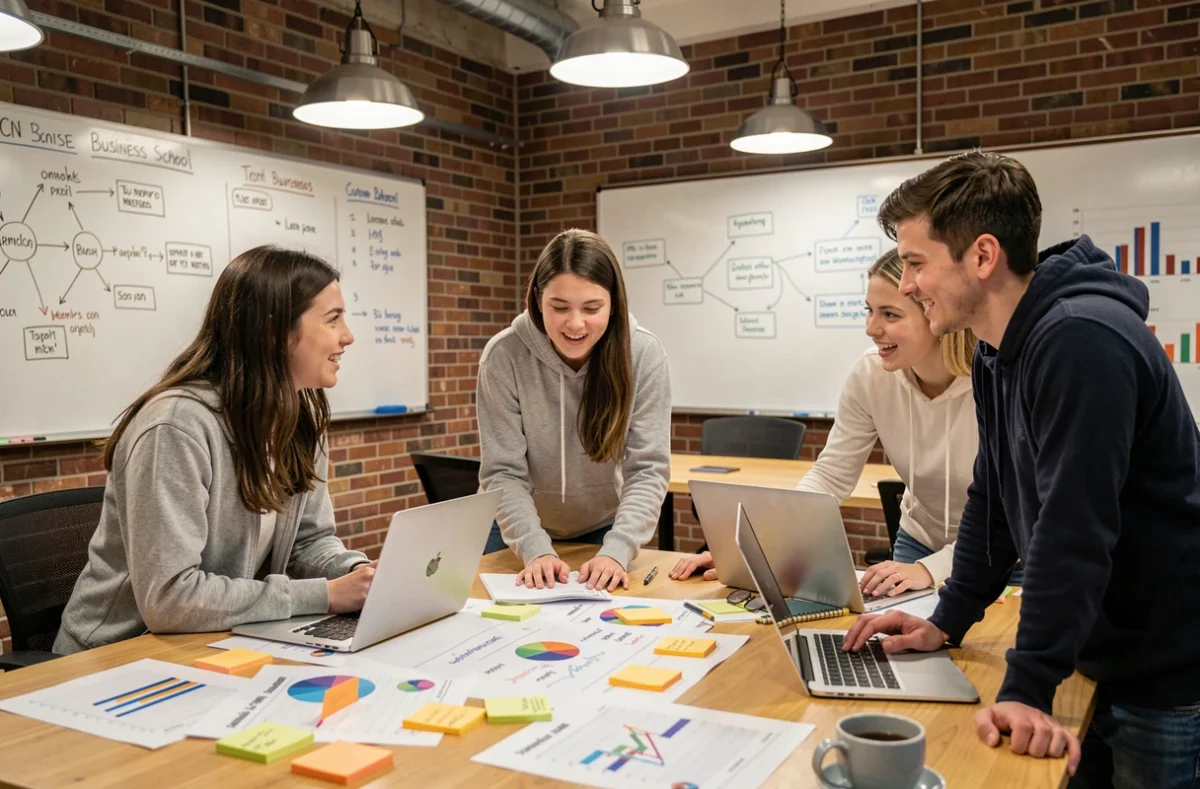 Étudiants de l'ICN Business School travaillant en groupe dans un espace collaboratif avec briques apparentes