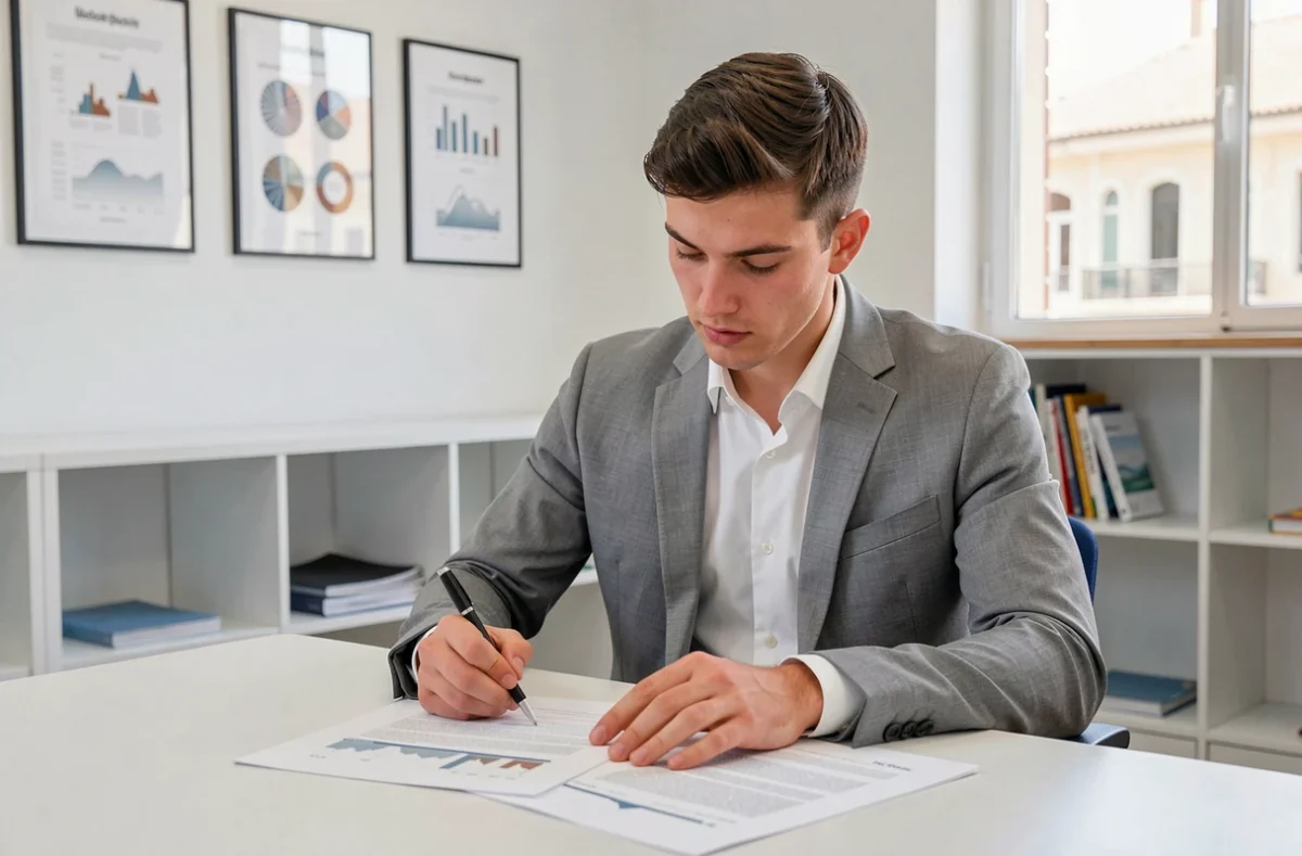 Étudiant révisant des études de cas dans une salle moderne de l'IDRAC Business School Montpellier