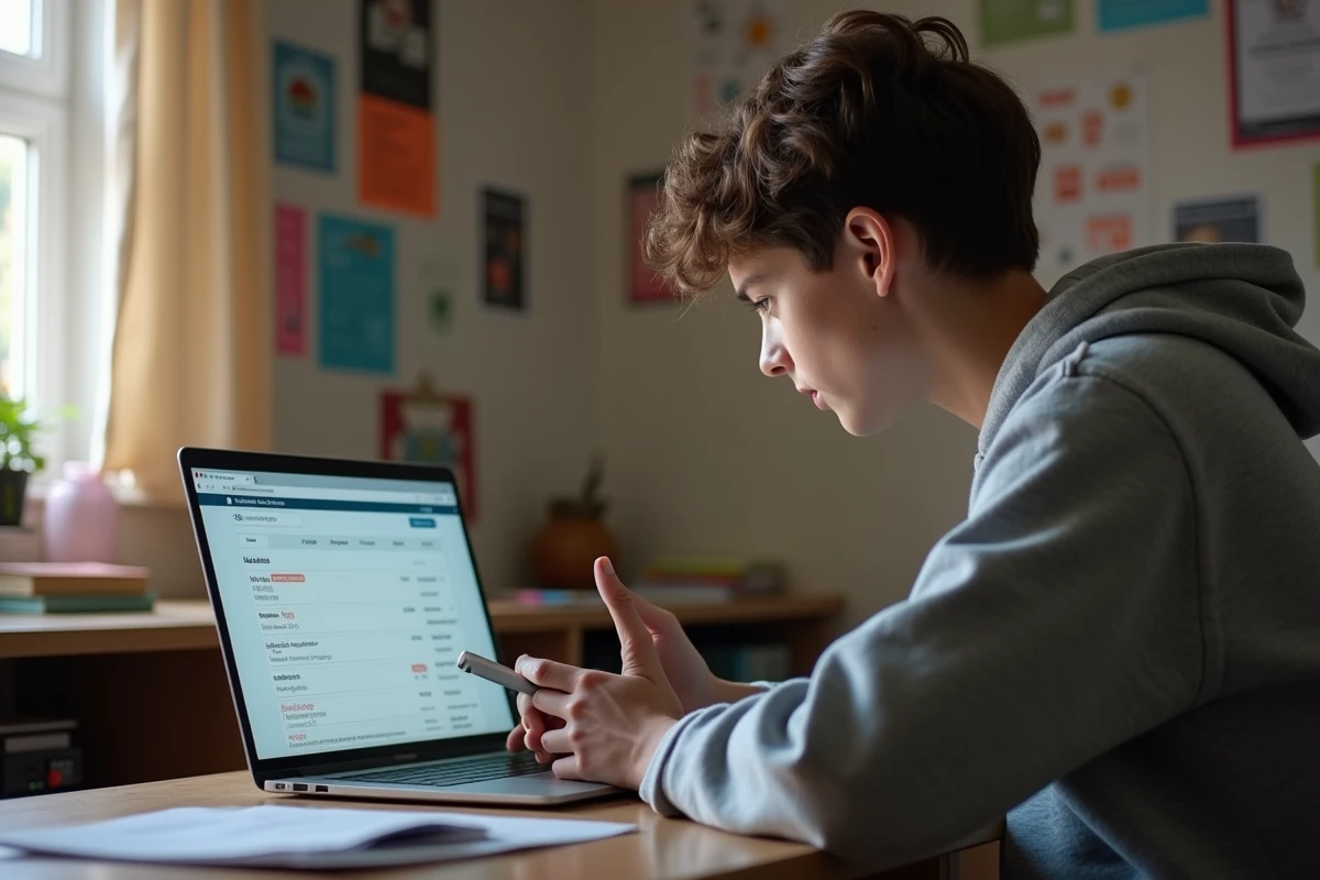 Un adolescent dans sa chambre faisant défiler sans attention l'historique de connexion de son compte scolaire sur un ordinateur portable tout en tenant son téléphone, illustrant le risque de ne jamais vérifier les activités suspectes sur Cybercollège.