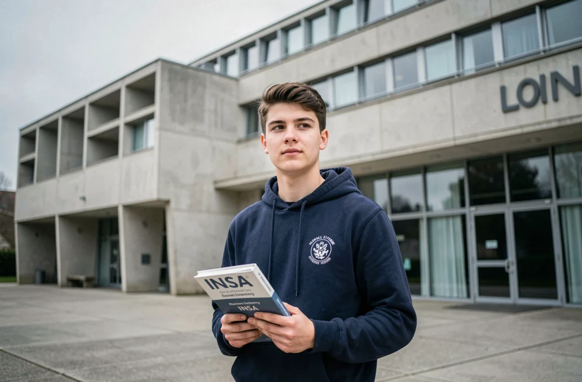 Étudiant en ingénierie devant le bâtiment principal de l'INSA Lyon sur le campus de la Doua à Villeurbanne