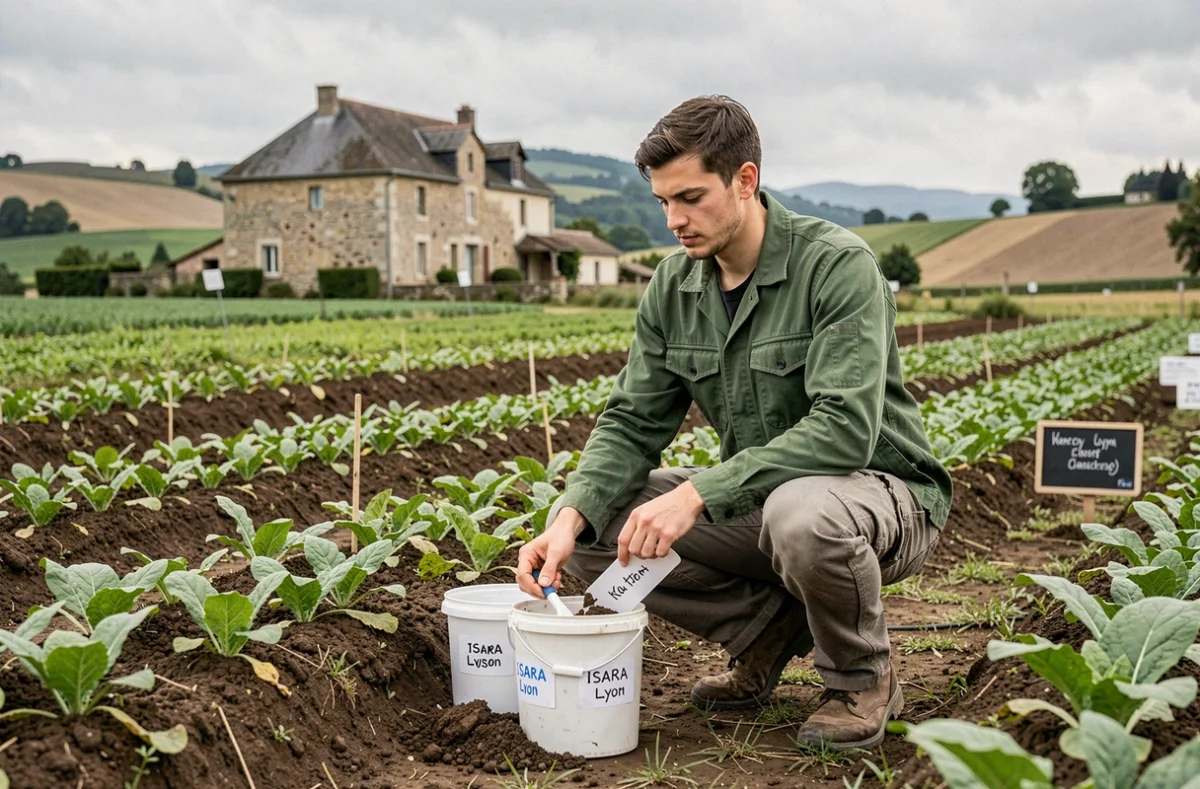 Étudiant de l'ISARA Lyon collectant des échantillons de sol et de plantes dans un champ agricole expérimental sur le campus agronomique