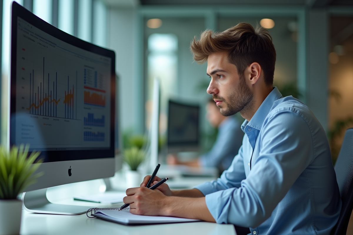 Jeune analyste financier examinant un tableau sur son ordinateur portable