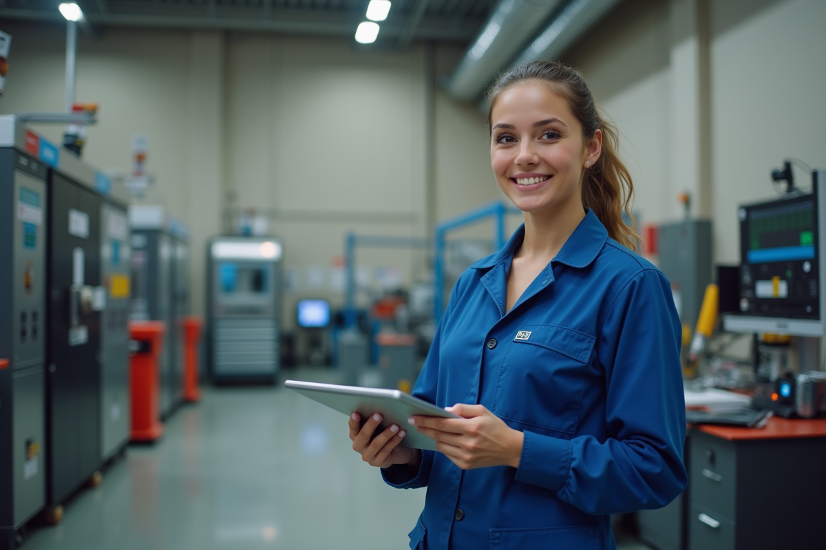 Jeune femme en uniforme avec équipement industriel moderne