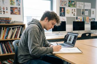 Jeune homme dessinant des personnages dans un atelier moderne