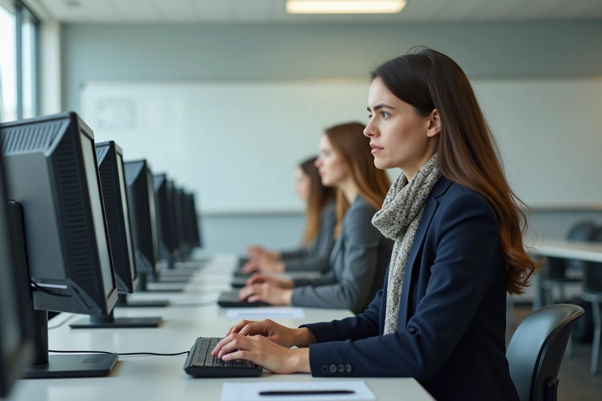 Jeune enseignante utilisant un ordinateur dans une salle de classe moderne