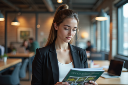 Jeune femme en tenue professionnelle examine des brochures universitaires