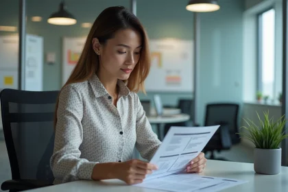 Jeune femme professionnelle analysant un profil de poste au bureau