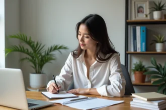 Jeune femme concentr&eacute;e &agrave; son bureau moderne et organis&eacute;