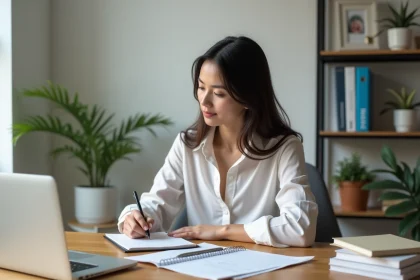 Jeune femme concentrée à son bureau moderne et organisé