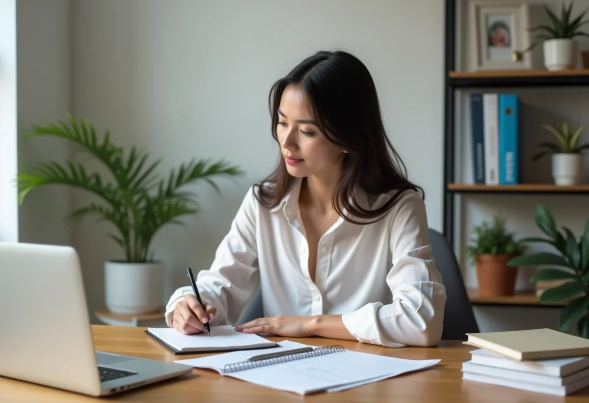 Jeune femme concentrée à son bureau moderne et organisé
