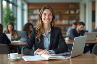 Jeune femme en tenue professionnelle avec ordinateur dans un espace moderne
