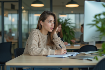 Jeune femme au bureau prenant des notes dans un journal